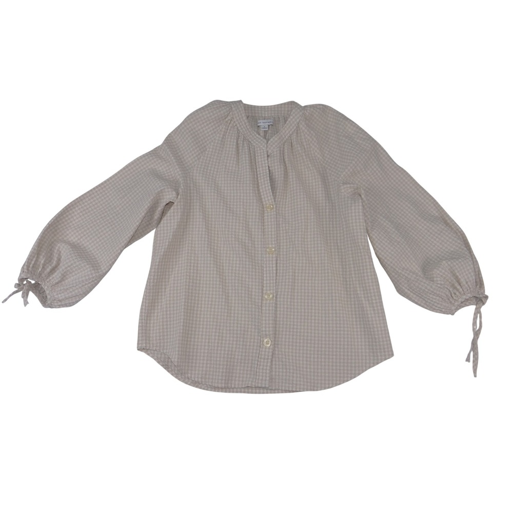 Free Assembly Womens Beige Gingham Seersucker Blouse Tie Cuff Button Front S